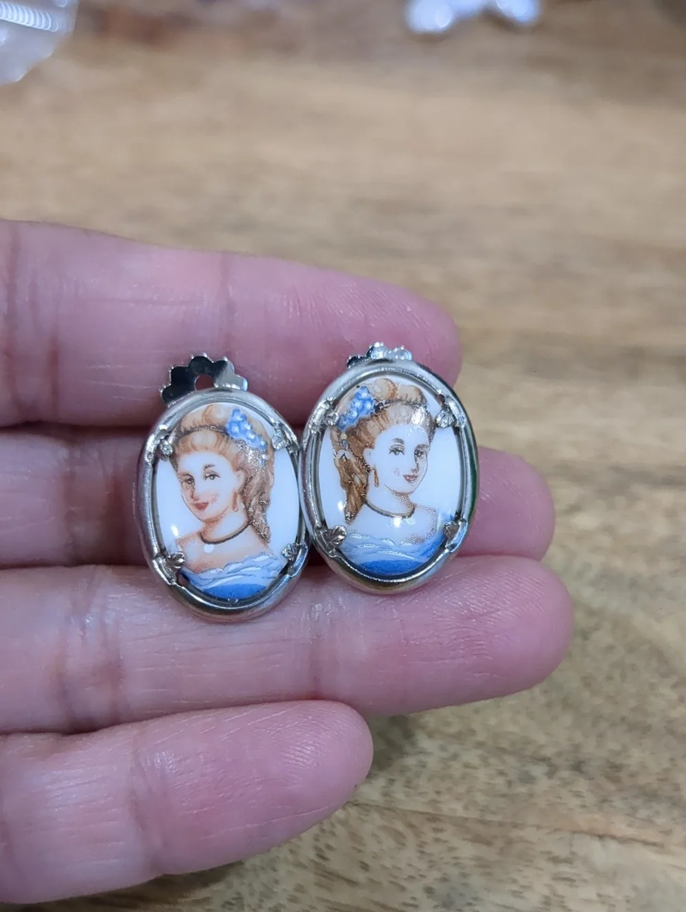Vintage Cameo Earrings in Blue and White